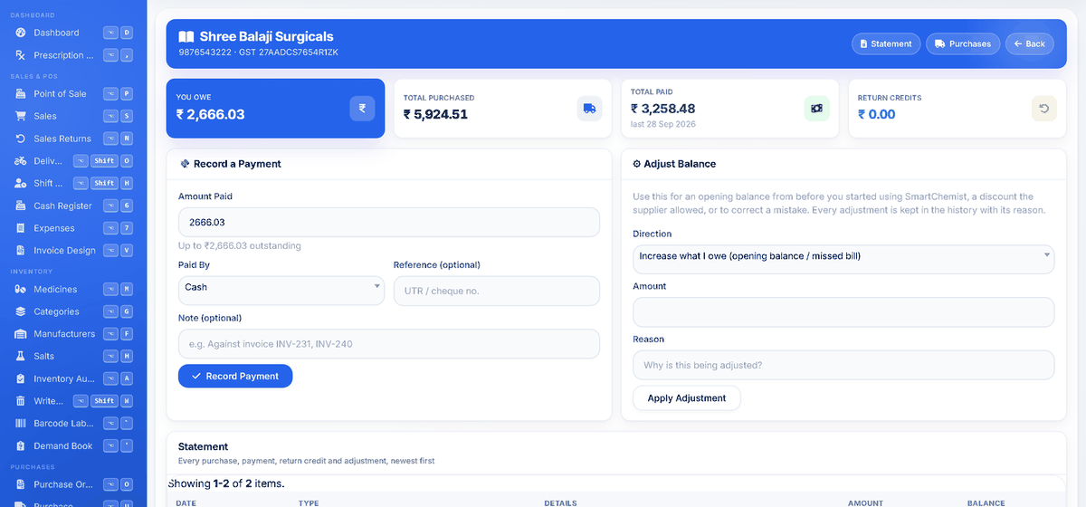 A supplier khata: what is owed, total purchased, total paid and return credits, with a statement of every bill, payment and credit note in order.