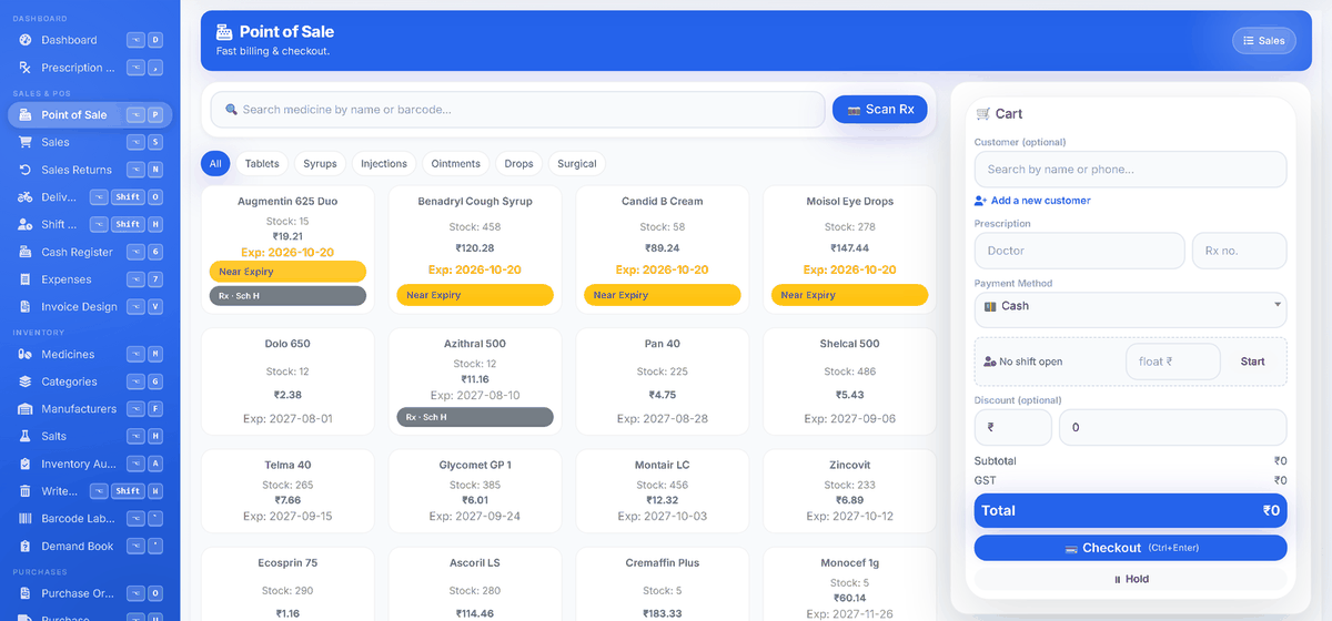 The point of sale screen: a searchable medicine grid with stock, price and expiry on each card, near-expiry batches flagged, and the cart with customer, prescription and payment method.