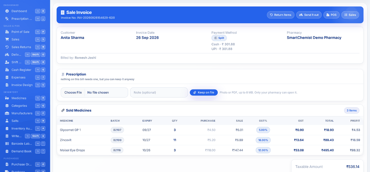 A sale invoice showing the payment method as a split - cash and UPI listed separately - with batch, expiry, GST rate and profit on every line.